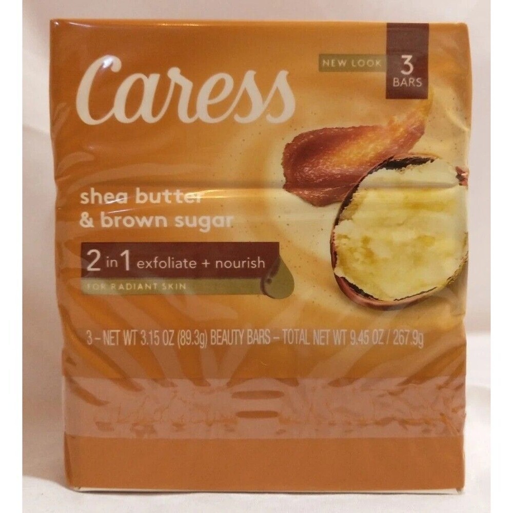 3 Pack Caress Shea Butter & Brown Sugar 2 in 1 Exfoliate & Nourish Bar Soap